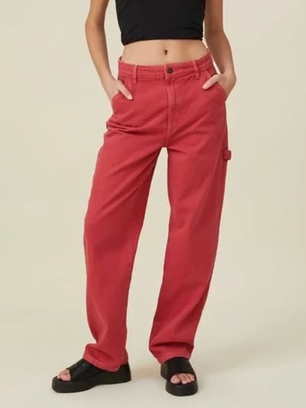 COTTON ON Carpenter Jeans Size 8 Coral Red Denim Cargo Pockets Straight Leg